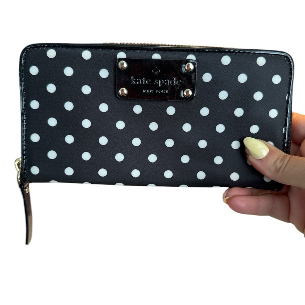 Kate Spade Black White Polka Dot Zip Wallet vinyl durable red interior clutch